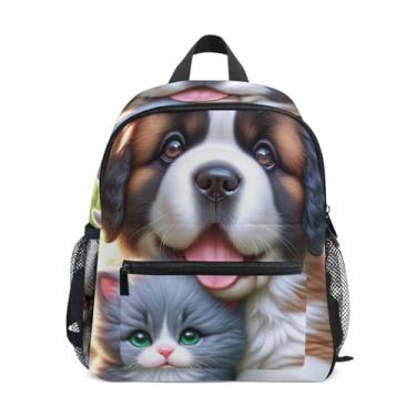 Imagem de GAIGEO Cute Dog Kitten Cat Floral Kids Mini Backpack 10x4x12 In, Boys Kindergarten Backpack with Water Bottle Pockets, Whistle Buckle