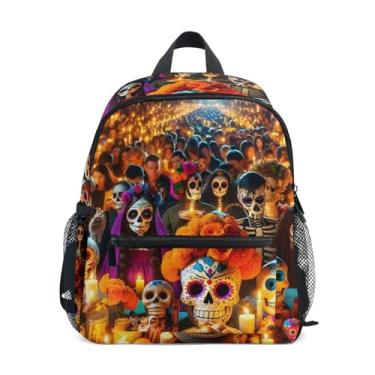 Imagem de GAIGEO Mexican Dia De Muertos Print Backpack for Toddler, 10x4x12 In, Mini Backpack for Toddler Girls Includes Water Bottle Pockets, Whistle Clip for Safety