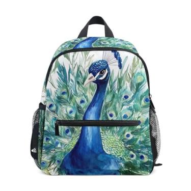 Imagem de GAIGEO Watercolor Blue Peacock Kids' Backpack Kids School Backpack for Girls with Front Pocket, Safety Whistle for Ages 3-8