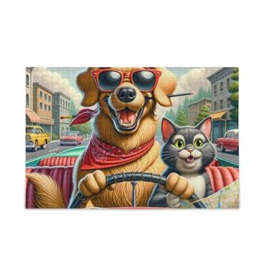 Imagem de Quebra-cabeça de 1000 peças de cachorro e gato dirigindo carro desafiador jogo de quebra-cabeça para adultos e famílias