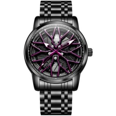 Imagem de OLEVS Relógios masculinos 42 mm, mostrador grande, esqueleto, luminoso, à prova d'água, aço inoxidável, moderno, relógio de carro, 3701: roxo, Tendência