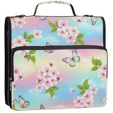 Imagem de 3 fichários para fichários de 3,5 cm com zíper e flores de cerejeira pastel, bolsa organizadora com alça para armazenamento de desenhos animados escolares, estojo portfólio com alça, 34,5 x 31,5 x 9