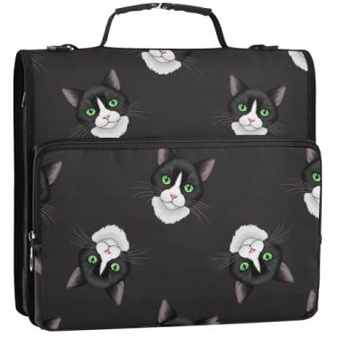 Imagem de Cute Cats — Organizador de fichários pretos com zíper e olhos verdes, 3 anéis, bolsa de fichário escolar resistente com alça de ombro, estojo de armazenamento com alça, 34,5 x 31,5 x 9 cm