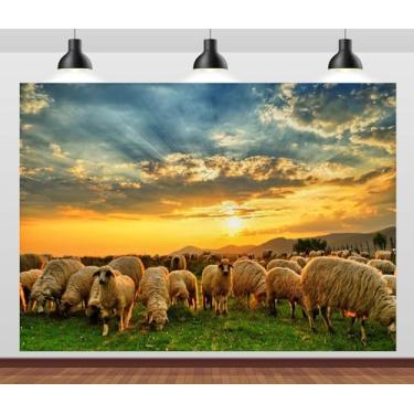 Imagem de Loccor Tecido de 2,1 x 1,5 m Pôr do sol Colina Pastando Ovelhas Pastagem Rural Colinas Verdes Rebanho de ovelhas pastando ao pôr do sol fundo decorações de festa adereços de estúdio fotográfico
