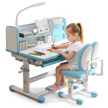 Imagem de Conjunto de mesa e cadeira de estudo infantil, azul, altura ajustável, mesa de estudo escolar, conjunto de mesa e cadeira para crianças, mesa de arte ajustável para quarto com quadro de escrita grande