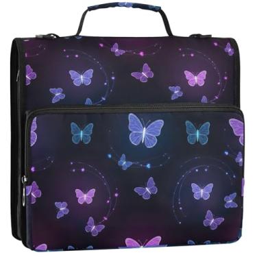 Imagem de Fichário organizador de zíper borboletas roxas 3 anéis 3 anéis bolsa de fichários escolares fofos resistentes com alça de ombro, vários bolsos, pasta grande para portfólio, 34,5 x 31,5 x 9 cm