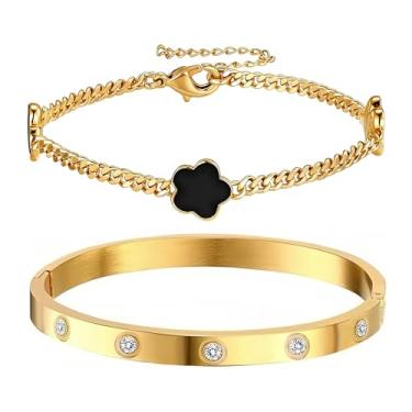 Imagem de Pulseiras femininas pretas florais de ouro 18 quilates, 2 peças empilháveis de zircônia cúbica banhada a ouro da amizade, kit de joias, festa de casamento, Natal, presentes de aniversário