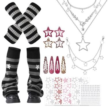 Imagem de JATEBI 19 peças de acessórios Y2k incluídos listrados aquecedores de braço e perna estrela colar autoadesivo rosto gemas rosa e marrom estampa leopardo clipe de cabelo hip hop calça corrente joias