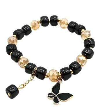 Imagem de Pulseira feminina com pingente de borboleta, pulseira elástica com pingente de cristal ajustável com pingente de borboleta e miçangas, joia elegante estilo boêmio, presente para ela, One Size, Cristal