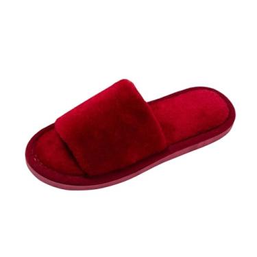 Imagem de Chinelo feminino casual versátil quente com uma alça aberta e peludo elegante outono e inverno sandálias internas de sola grossa, Vinho vinho, 34