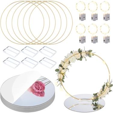 Imagem de Leinuosen Conjunto de 24 peças de argola floral de metal de 30,5 cm com suporte para mesas - Inclui anéis de guirlanda de ouro e suportes de madeira para decoração de festa de aniversário de batismo