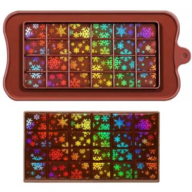 Imagem de Ziliny Moldes holográficos de chocolate resina silicone barra de chocolate moldes grossos profundos para a família de Natal faça você mesmo cera derrete suprimentos de festa (floco de neve 4)