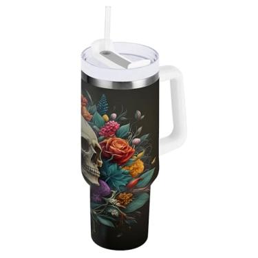 Imagem de SEHANY Copo de caveira e rosas de 850 g com alça, copo isolado de aço inoxidável a vácuo de parede dupla, caneca de café à prova de vazamento, copo isolado para viagem, cabe no suporte de copo de
