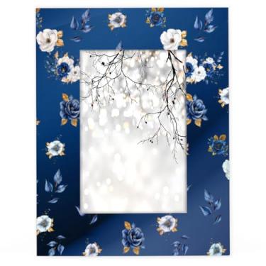 Imagem de cfpolar Moldura de madeira de 20 x 25 cm, moldura de madeira com flor azul, serve para 12 x 18 cm com tapete ou 20 x 25 cm sem tapete, para exibição de fotos para parede ou mesa, mesa, galeria, sala