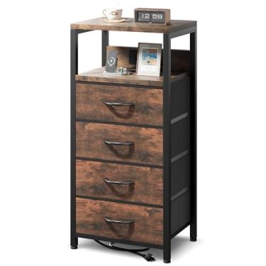 Imagem de Mesa de cabeceira com carregamento para quarto – mesa de cabeceira com estação de carregador, mesa de cabeceira moderna com prateleira aberta e 4 gavetas de tecido, mesa lateral para cama com portas