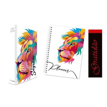 Imagem de Kit Leão Color - Planner + Bíblia Branca Capa Dura NVI + Marca Página