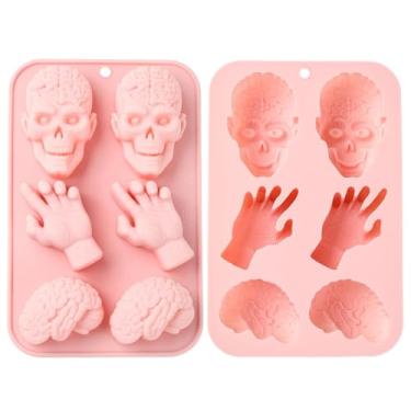 Imagem de Ipotkitt 2 peças de moldes de silicone para doces com tema de Dia das Bruxas, crânio, mão, em forma de cérebro, moldes de goma para gelatina, fondant, chocolate, doces, bolo, gelo, faça você mesmo