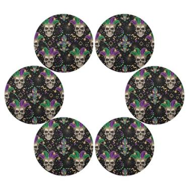Imagem de Wassud Jogo americano conjunto de 6 tapetes de mesa redondos de carnaval de caveira para cozinha e jantar tapetes laváveis resistentes ao calor para decoração de mesa 39 cm