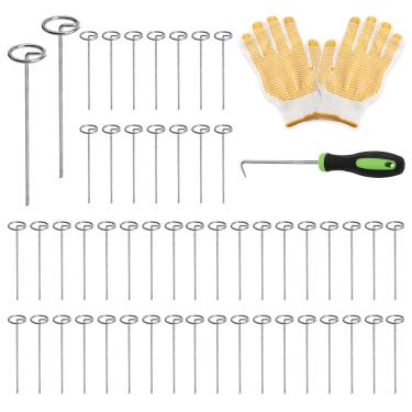 Imagem de 50 pinos de tecido de paisagem com gancho e luvas, estacas de jardim galvanizadas de calibre 8 de 15 cm, grampos de paisagem de topo circular, estaca de barreira de ervas daninhas para cobertura de