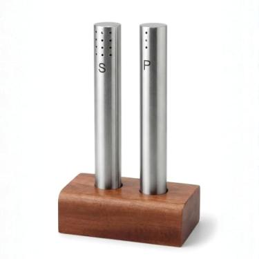 Imagem de Conjunto Saleiro e Pimenteiro em Aço Inox com Base de Madeira Moderno Minimalista Fácil Reabastecimento Premium