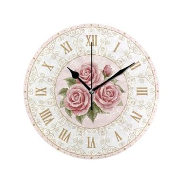 Imagem de Relógio de parede redondo decorativo vintage com estampa de flor rosa, operado por bateria, sem tique-taque, silencioso, mesa para decoração de sala de estar para escritório (rosa)