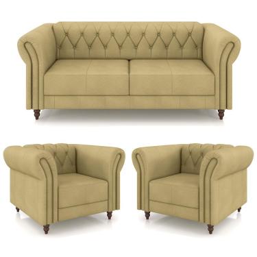 Imagem de Conjunto Sala de Estar 1 Sofá Living 200cm e 2 Poltronas Stanford Chesterfield Pés Madeira Couro Bege G58 - Gran Belo