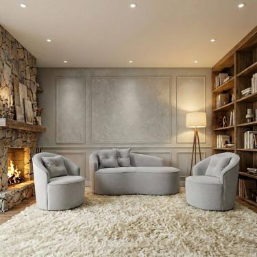 Imagem de Kit de 01 Sofá Orgânico Curvo Feijão + 02 Poltronas Confortável Sala Estúdio Amore Bouclê Cinza Claro - Montanari`s Decor