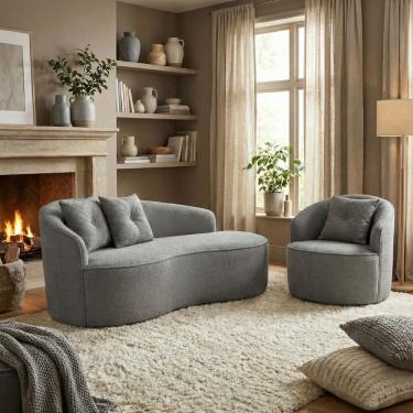 Imagem de Kit de 01 Sofá Orgânico Curvo Feijão + 01 Poltrona Confortável Sala Estúdio Amore Bouclê Cinza - Montanari`s Decor