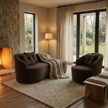 Imagem de Kit de 01 Sofá Orgânico Curvo Feijão + 01 Poltrona Confortável Sala Estúdio Amore Bouclê Marrom - Montanari`s Decor