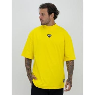 Imagem de Camiseta Oversized Gola Alta Borracha Triangulo Black White Streetwear Confortavel Masculina Amarelo-Masculino