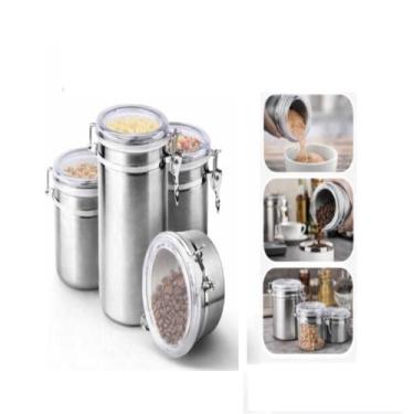 Imagem de Kit 4 potes porta mantimentos inox hermético conjunto tampa vedação ca