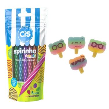Imagem de Kit de Canetas e Borrachas Outras Marcas Spirinho Scents com 5 Cores Perfumadas e 4 Fac...