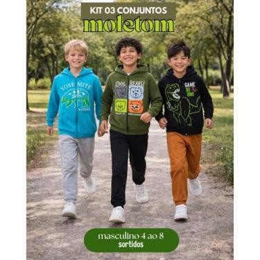 Imagem de Kit 3 Conjunto Infantil Menino Moletom Flanelado Capuz Zíper Punho Rou