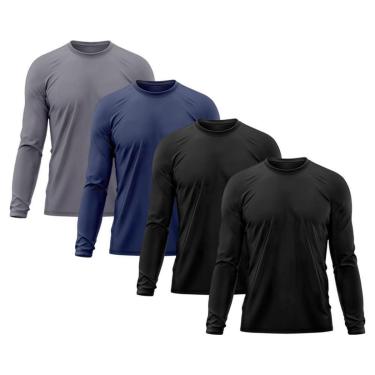 Imagem de Kit 4 Camiseta Masculina Segunda Pele Proteção Solar UV Térmica Praia Manga Longa Blusa Camisa-Masculino