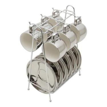 Imagem de Conjunto 6 Xicaras de Café com Pires em Porcelana e Suporte Versa Prat