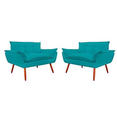 Imagem de Kit 02 Namoradeira Poltrona Sofá decorativa 02 Lugares Opalla Pés Palito Azul Turquesa - DS Estofados