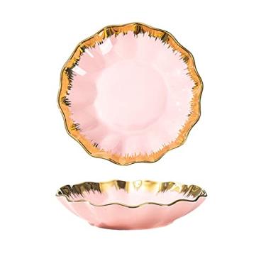 Imagem de Prato de jantar de cerâmica prato em forma redonda prato de refeição doméstico café da manhã pratos planos (cor: rosa)