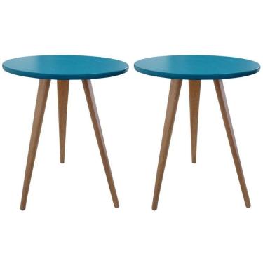 Imagem de Kit 2 Mesa De Canto Lateral Redonda Hadasa Azul 68Cm