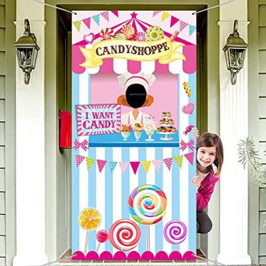 Imagem de Irenare Decoração de Festa Sweet Shoppe Banner para Pendurar Fundo Carnaval Foto Decoração de Porta Adereços de Fundo 180 x 90 cm Grande Photo Door Banner para Doces Sweet Party Carnaval Game Supplies