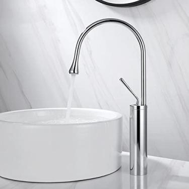 Imagem de Torneira de lavatório estilo gota de latão escovado Torneiras de banheiro Quente Frio Misturador Torneiras giratórias 360° Cachoeira, Alta cromada