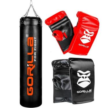 Imagem de Saco De Pancada 180 Cm + 02 Pares De Luvas Bate-Saco Gorilla Cor: Preto/Vermelho-Unissex