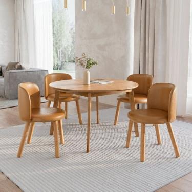 Imagem de Mesa de Jantar Extensível Redonda com 4 Cadeiras Madeira Maciça Tasila Yescasa Champagne/Caramelo