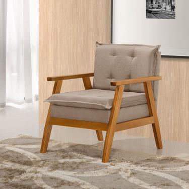 Imagem de Poltrona Sala de Estar Base em Madeira Maciça Linho Bege Veneza