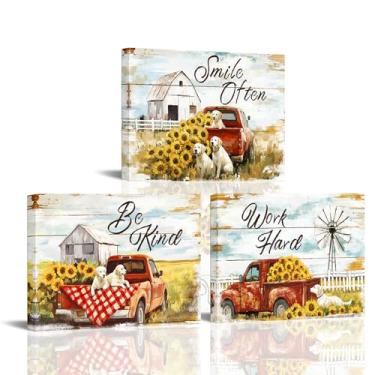 Imagem de xiysien Arte de parede em tela de fazenda caminhão campestre velho celeiro moinho de vento girassol imagens de animais decoração de parede para sala de estar quarto 30,5 x 40,6 cm x 3 peças