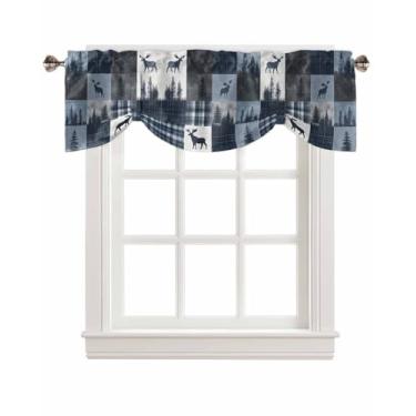 Imagem de Cortinas de amarrar em patchwork azul marinho preto para janelas, alce pinheiro, búfalo, xadrez, varão, bolso para varão, cortina de amarrar, ajustável, tratamento de janela curta para cozinha, sala