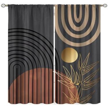 Imagem de Cortinas de folha boho, folhas douradas pretas abstratas de meados do século, palmeira tropical, modernas, minimalistas, tratamentos de janela geométricas para quarto, sala de estar, cozinha, café