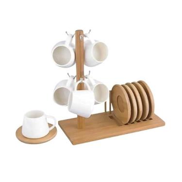 Imagem de Jogo 6 Xicaras P/ café 90ml Pires e Suporte Bambu Hauskraft