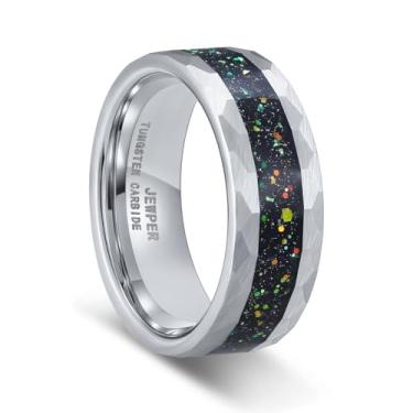 Imagem de JEWPER Anéis de tungstênio para homens 8 mm preto/prata/ouro moda promessa aliança de casamento martelada sulco meteorito orbo carboneto chanfrado borda polida ajuste confortável, 11, Metal, Sem pedra