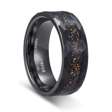Imagem de JEWPER Anéis de tungstênio para homens 8 mm preto/prata/ouro moda promessa aliança de casamento martelada sulco meteorito orbo carboneto chanfrado borda polida ajuste confortável, 11, Metal, Sem pedra