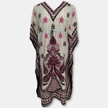 Imagem de Vestido Kaftan Longo Plus Size Estampa Indiana Poá e Flores - Sarat Mo